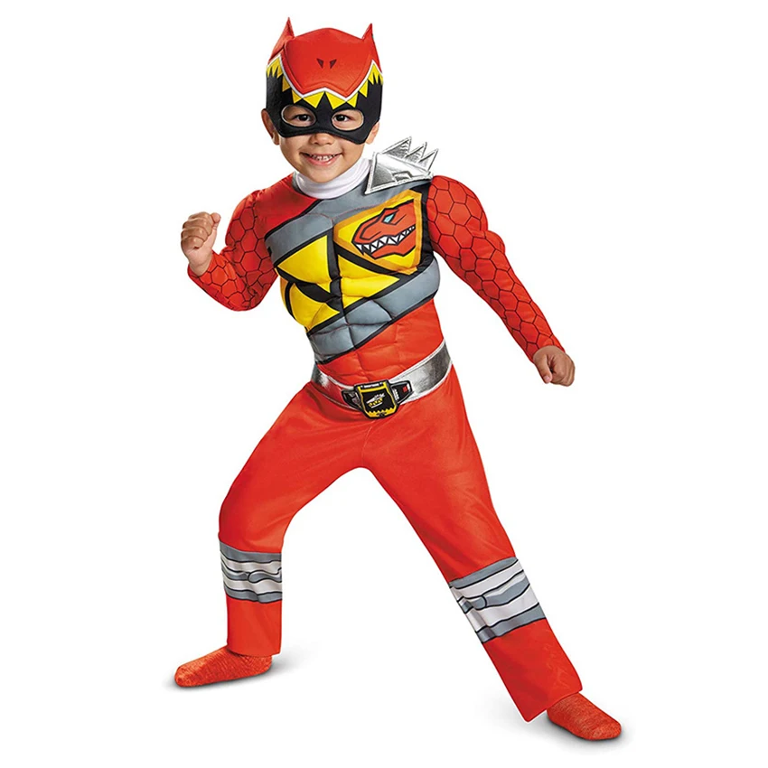

Red Power Dino Charge Ranger Superhero Dinosaur Team Muscle Jumpsuits Suits Cosplay Halloween Costume for Kids Child Headgear