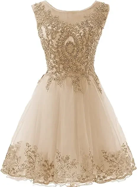 

2022 New Arrival Gold Appliques Tulle Homecoming Dresses High Neck Tank A-Line Above Knee Length Elegant Cocktail Dresses Zipper