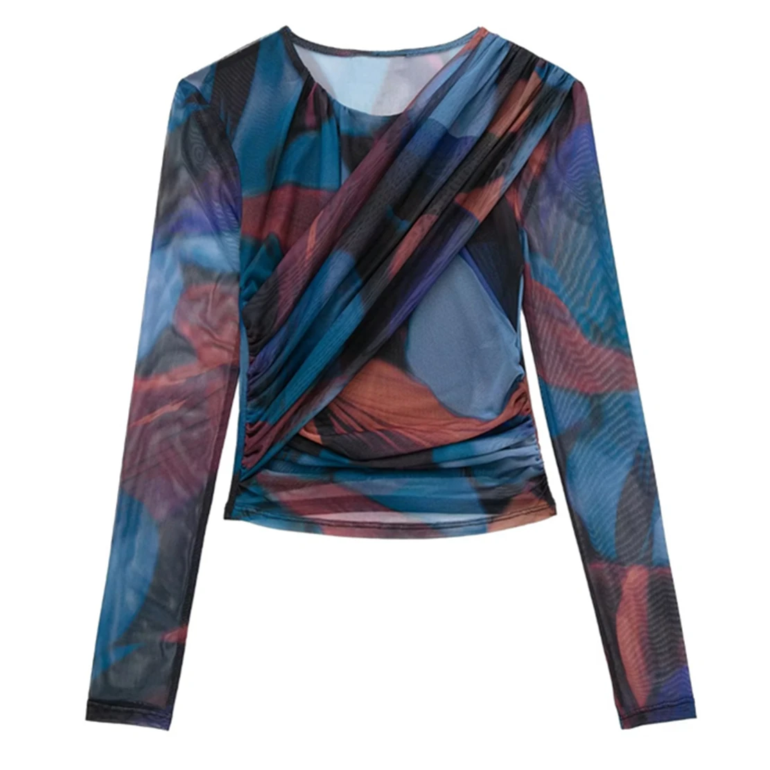 

Jenny&Dave Fashion Sexy Perspective Mesh Top Pleated Shirt Blouse Women