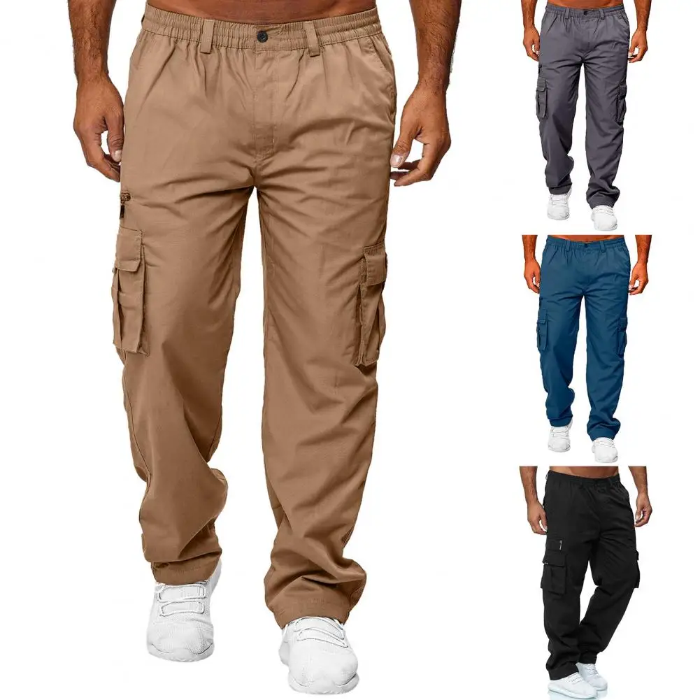 

Elastic Waistband Straight Jogger Sweatpant Men Baggy Cargo Pant Multi Pockets Mid-Rise Training Military Tactical Loose Trouser