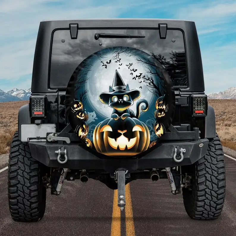 

Halloween Decoration For Car, Cute Witch Cat Pumpkin Spare Tire Cover, Black Cat RV Tire Cover, Car Accessories For Women, Car L