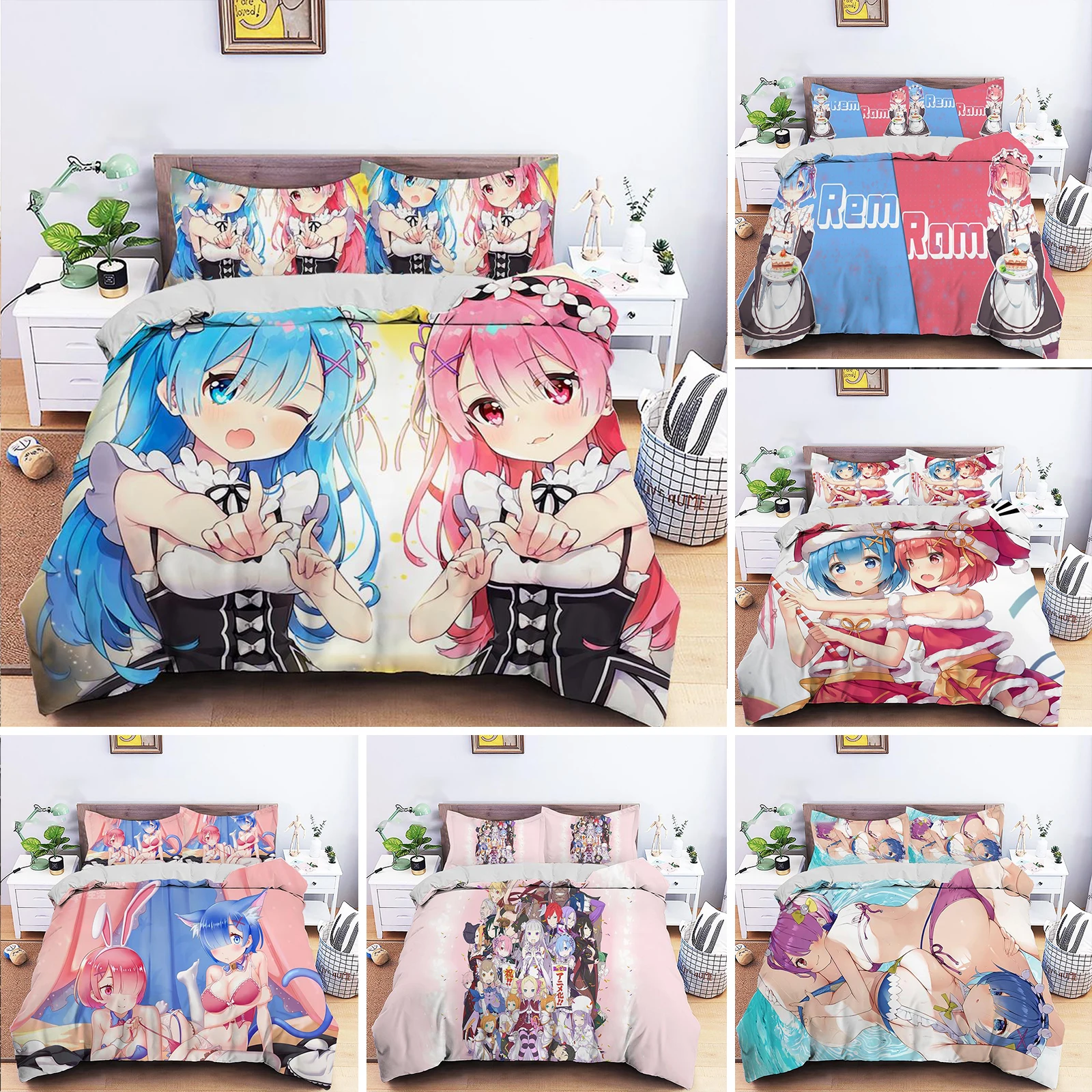 

3D Printed Anime Re Zero Ram Rem Bedding Set Duvet Cover Bedroom Comforter Single Twin King ​Size Quilt Cover Home Textile