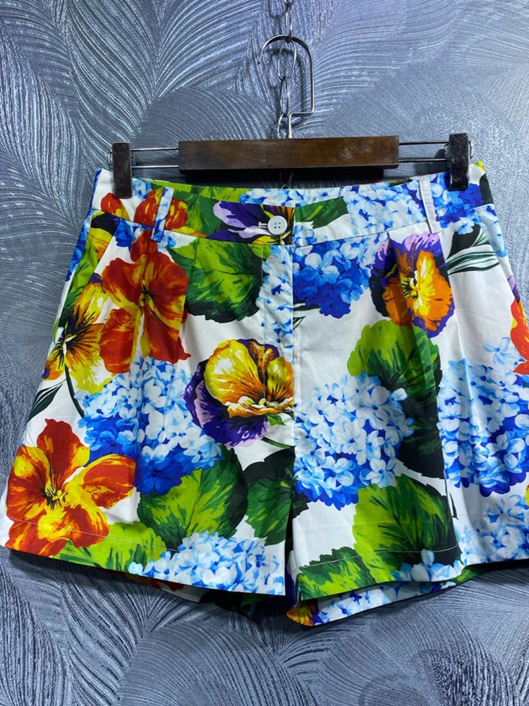 

Seifrmann High Quality Summer Women Fashion Designer Shorts High Waist Button Floral Print Bottoms Cotton Shorts