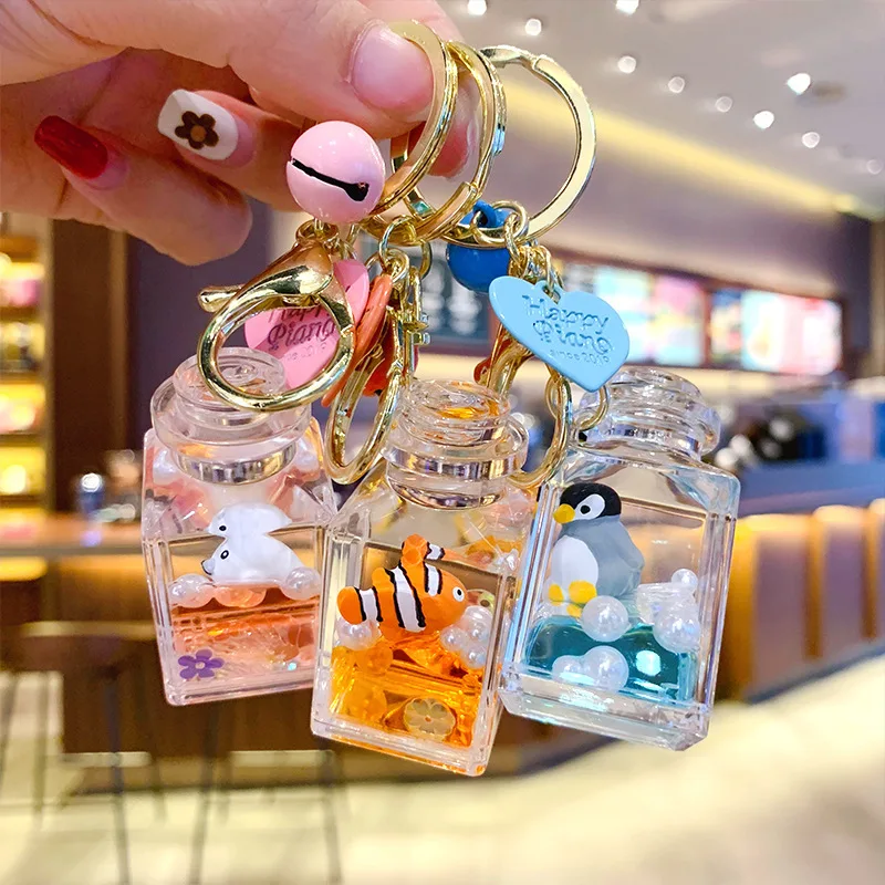 

1PCS Marine Animal Penguin Turtle Quicksand Bottle Keyring Car Schoolbag Women's Exquisite Floating Bottle Hanging Ornaments