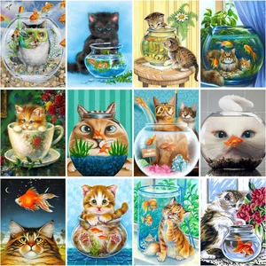 CHENISTORY Oil Painting By Numbers DIY Picture Drawing Cat And Fish Number Painting Handmade Wall Decor Gift For Adults