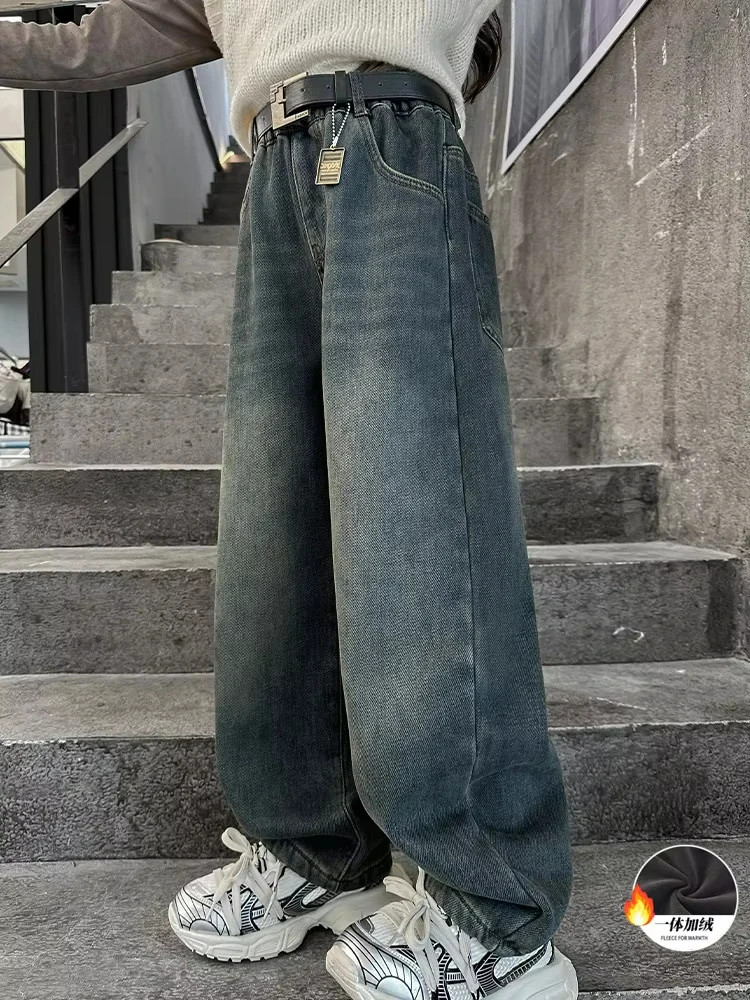 Новые зимние термоджинсы детские флисовые брюки с надписью для детей модный