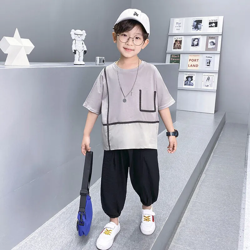 Children Casual Clothes Kids Black Bloomers Pant Set Boy Fashion Striped Sewing Design Short Sleeve Tops Suit Teen Loose T-Shirt