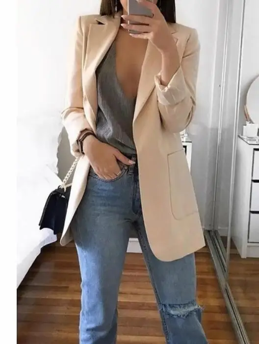 Spring and Autumn Women's Fashionable Turn-down Collar Fitting Open Cardigan Elegant Suit Jacket roupas femininas luxo grife