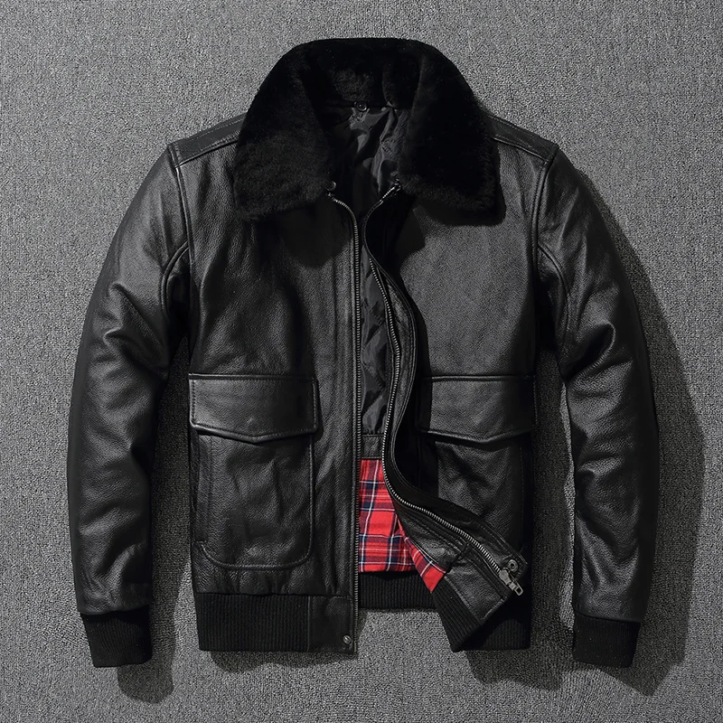 

Genuine Leather Clothes Men's First Layer Cowhide Air Force Flight Suit Plus Size Cotton Fur Collar Leather Jacket Simple Winter