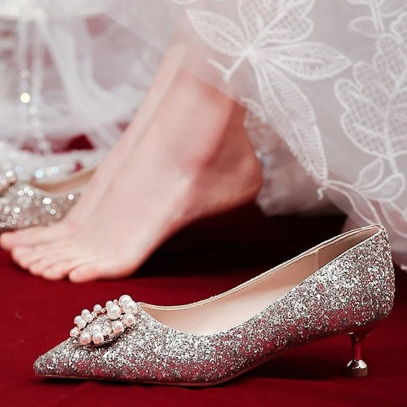 

2022 New Women Shoes Thin Heels Pumps Fashion Glitter Women Slip-on Elegant Pearl Buckle Woman Pointed Toe High Heel Party Shoes