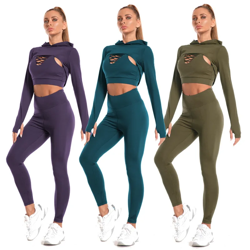 Spring Summer Women's New Hip Lifting Fashion Sexy Outdoor Running Speed Dry Tight Breathable Hooded Sports Yoga Suit