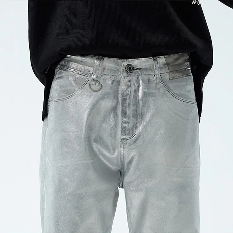 Мужские прямые джинсы в стиле хип-хоп серебристые свободные брюки из джинсовой