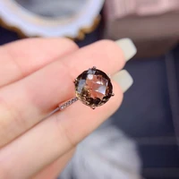 faceted cut smokey quartz engagement ring natural gemstone roud 10mm sterling silver womens rings