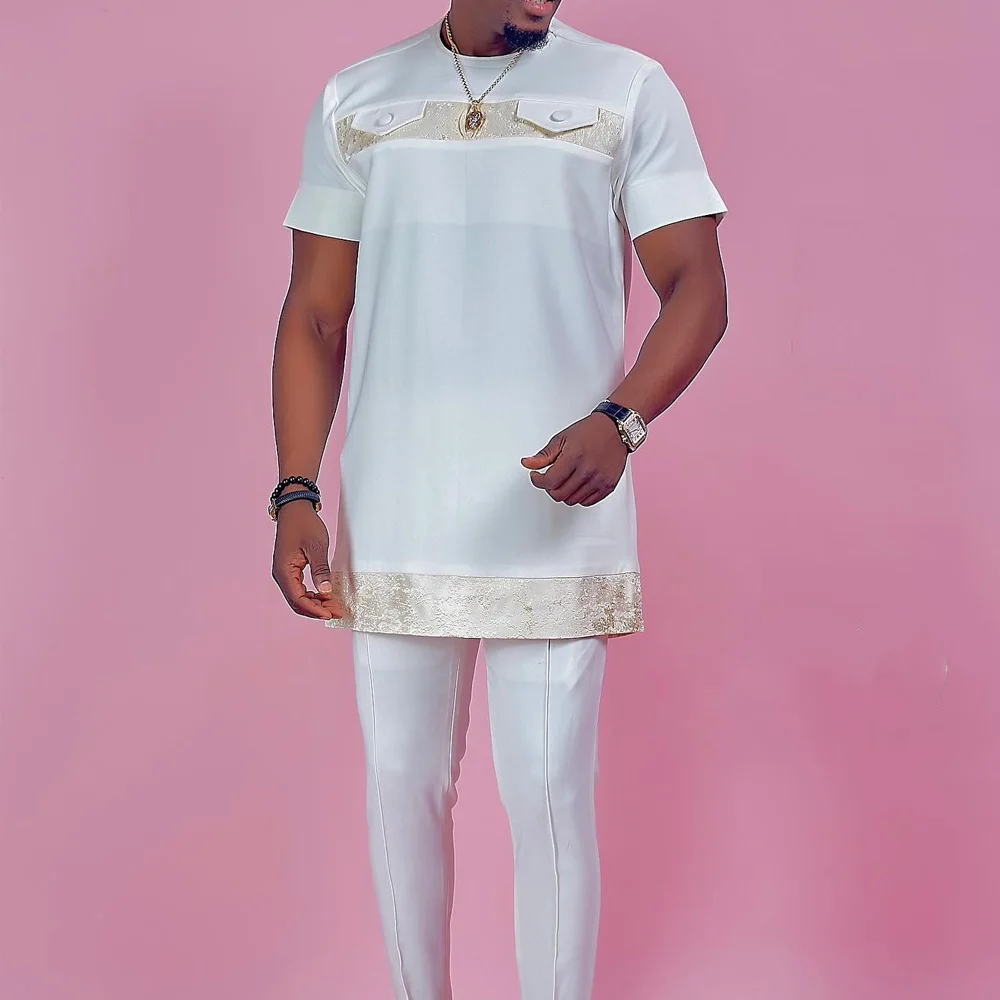 New Embroidery Men's Set Exquisite Round Neck Short Sleeve Top Pants Ethnic Style Wedding Two Piece Suits Gentlemen's Clothing