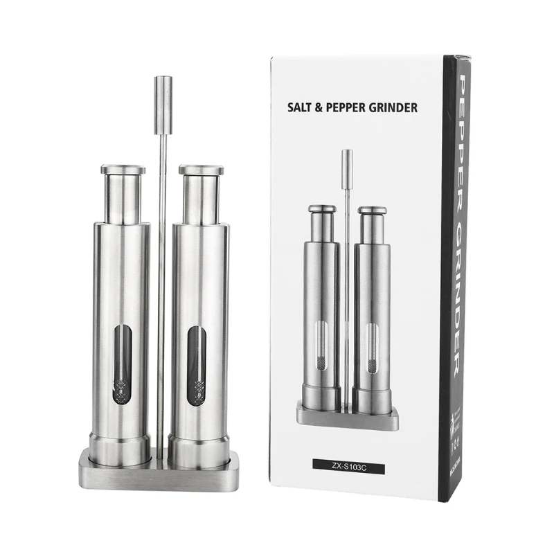 

Salt and Pepper Mill Easy To Use One-Handed Thumb Push Button With Metal Holder For Himalayan Salt Black Pepper Kitchen