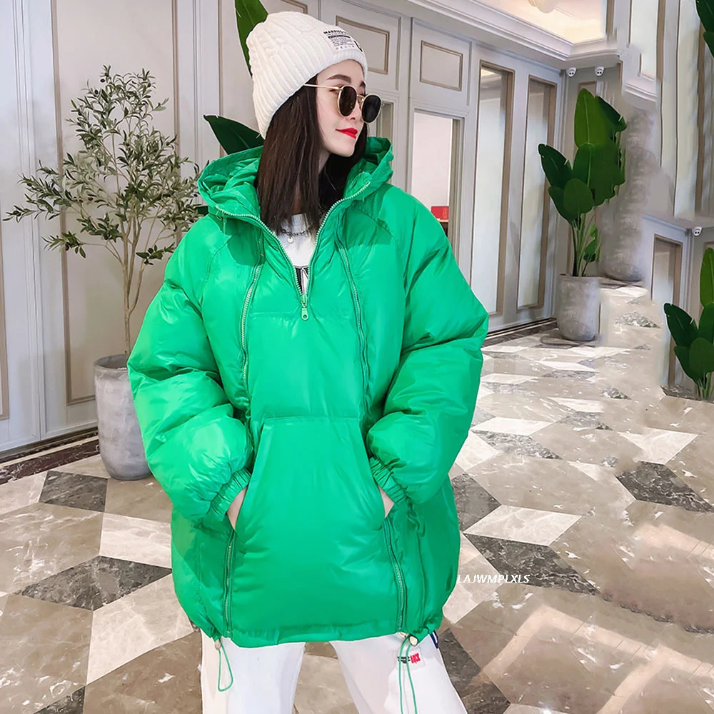 Autumn 2023 Bright Spring Down Cotton Womens Hooded Coat Zip Large Size Loose Winter Warm Parka Female Jacket