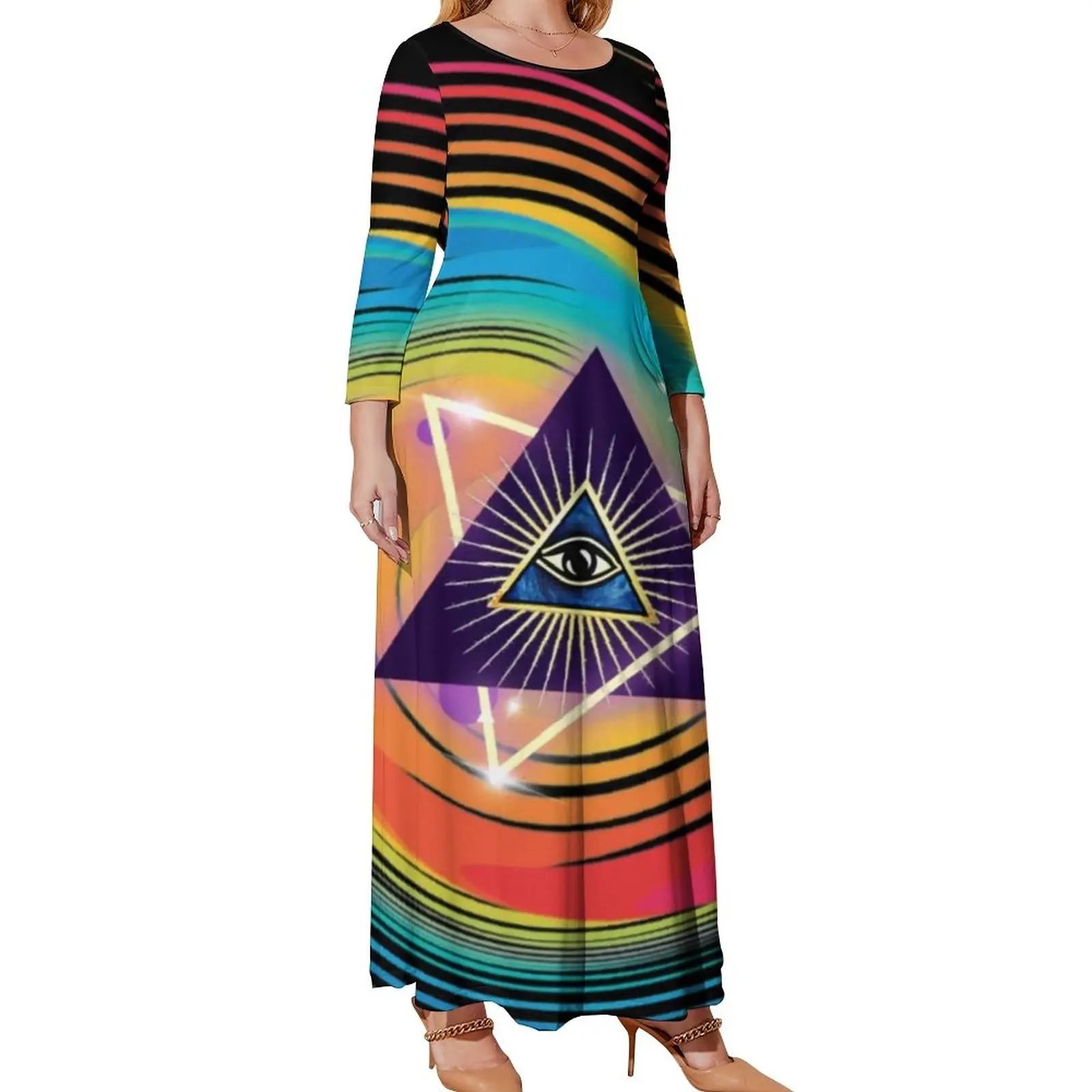 Triangle Eyes Dress Eye In Endless Dimensions Print Boho Beach Dresses Street Long Maxi Dress Vintage Vestido Plus Size 3XL 4XL