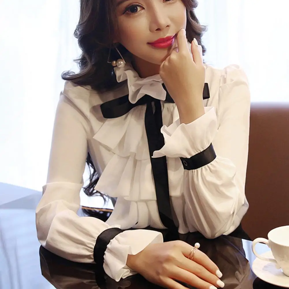 

Женская шифоновая рубашка с воротником-стойкой, элегантная однобортная блузка с длинными рукавами и оборками, украшенная бантом, женская одежда на осень