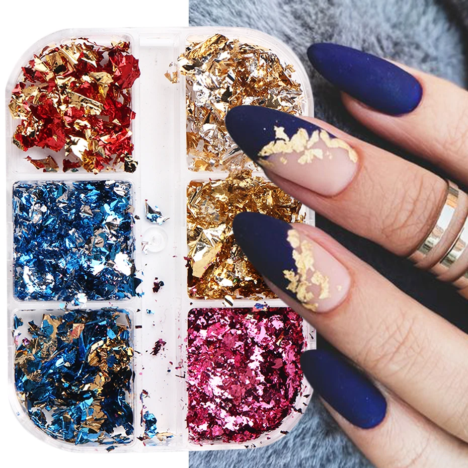 

6 ячеек, золотые блестящие хлопья для ногтей, необычная алюминиевая фольга, блестки, синие, красные, зеленые, летние хромированные Порошковы...
