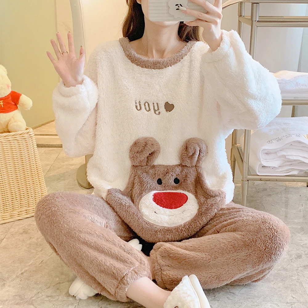 Variety Style Ladies Pajama Sets Embroidery Exquisite Cute Cartoon Home Kit For Students Thicken Autumn And Winter Keep Warm