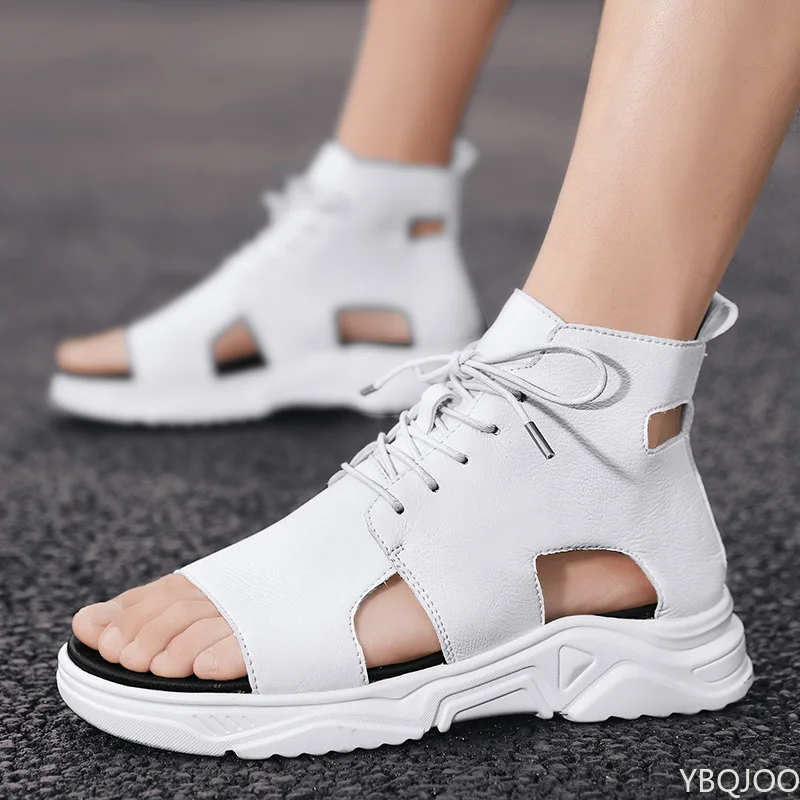 

Summer Men Sandals Platform Leather High-top Luxury Design Fashion Shoes Lace-up Open Toe Soft Sneakers Outdoor Breathable