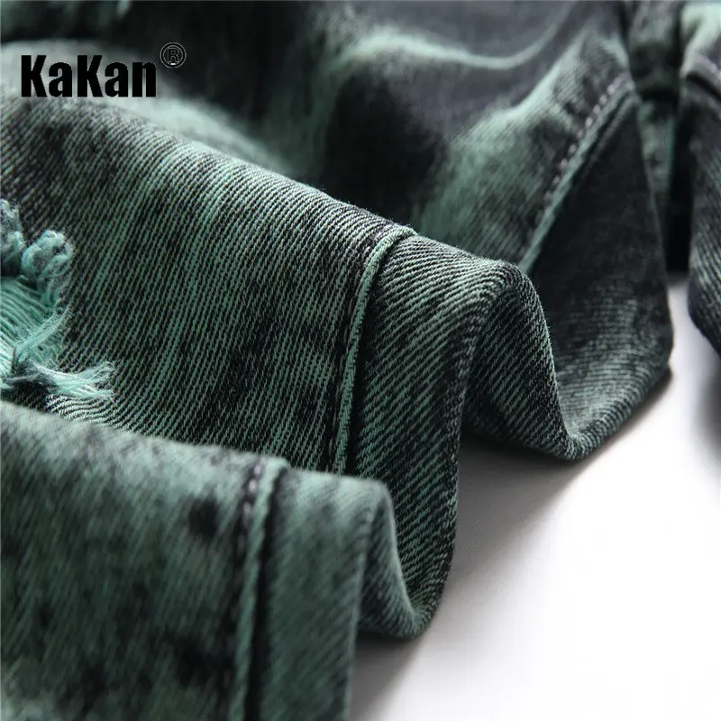 Kakan - New European and American Ripped Straight Leg Jeans for Men, Tie Dyed Green Black Casual Long Jeans K44-9242