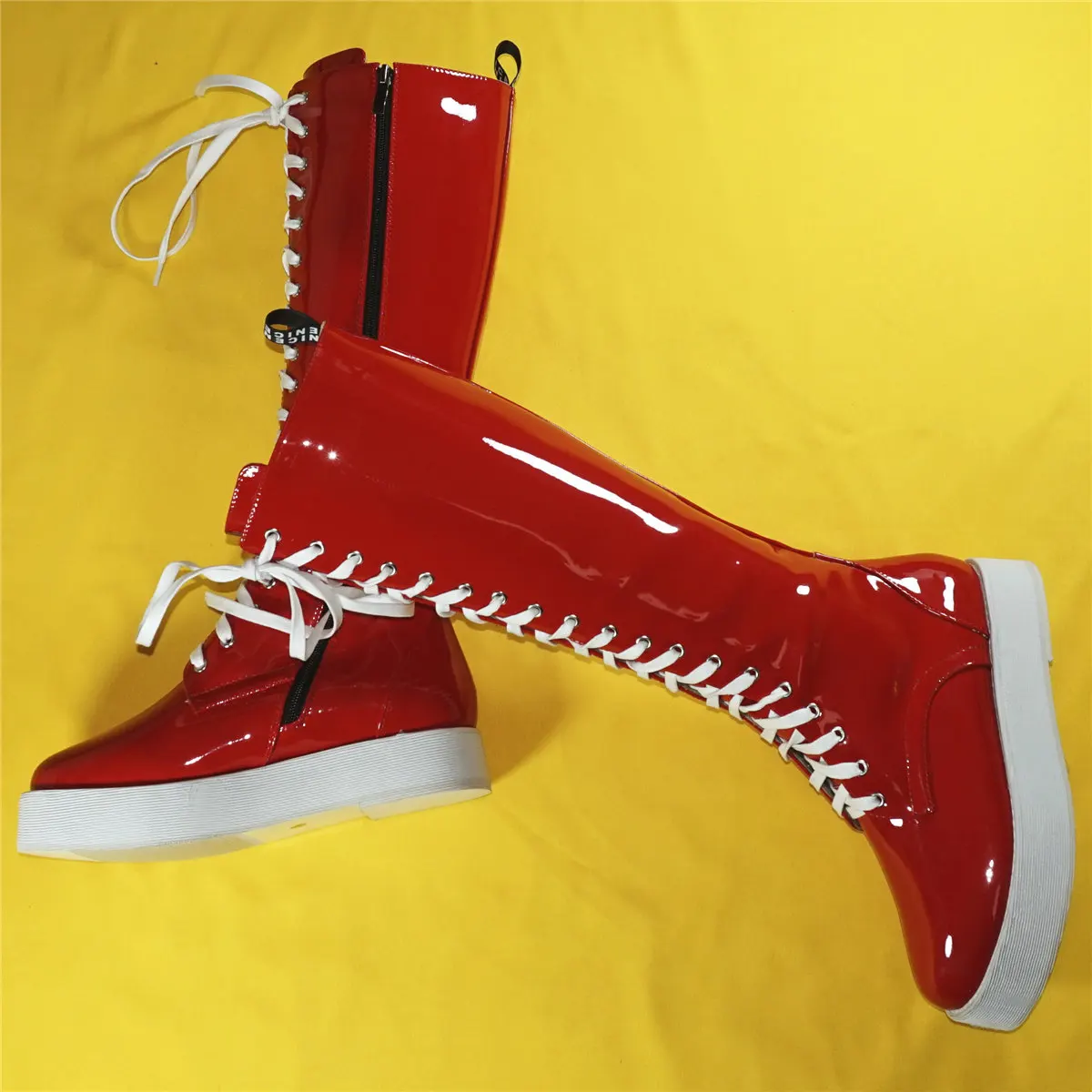 Red Fashion Sneakers Women Lace Up Patent Leather Knee High Boots Female Winter Round Toe Chunky Platform Pumps Casual Shoes