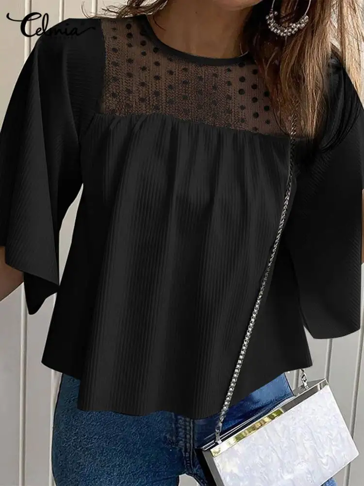 

Celmia Fashion Elegant Blouses Women Ruffled Half Sleeve Lace Mesh Stitching 2022 Summer Tunic Tops Street O-neck Ribbed Blusas