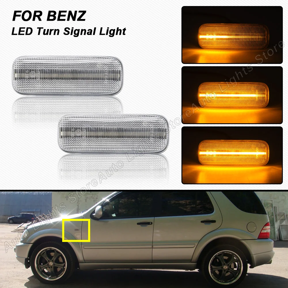 

2 шт., динамические боковые габаритные огни для Mercedes Benz W163 ML320 1998-2003 ML430 ML55 AMG 2000-2003, поворотный сигнал, лампа поворота без ошибок
