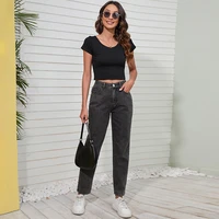 jeans women washed black straight mid waist single button office lady slim 2022 new spring summer fashion denim length for women