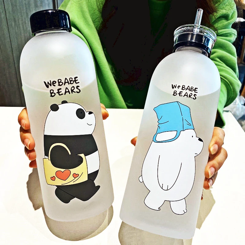 

Прозрачная бутылка для воды с соломинкой, пластиковая чашка, матовая Милая гидрофляжка в виде панды, чашка с медведем, посуда для напитков, ш...