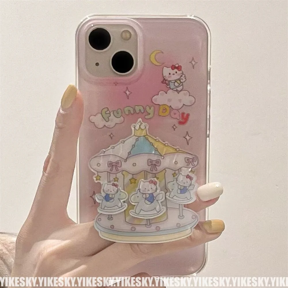 

Hello Kitty Sanrio Plush Kawaii Cartoon Cute Dolls Carousel Stand IPhone Case Anime Plush Toys for Girls Kids Toys Birthday Gift