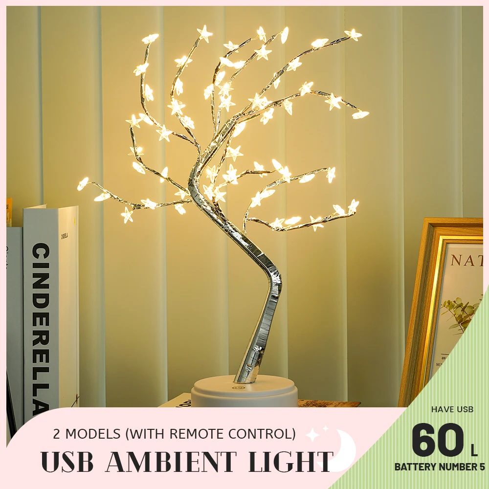 

LED Night Light USB Christmas Tree Copper Wire Star Lamp Bedroom Fairy Light Holiday Lighting Home Party Wedding Decoration