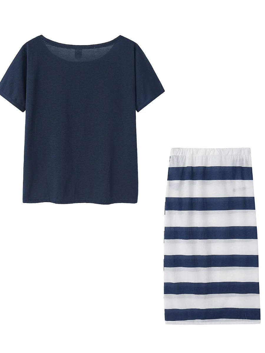 LW Plus Size Two Piece Letter Print Striped Skirt Set Elegant Vacation Two-pieces Suit Sets Fashion Summer Tops+skirt Matching O