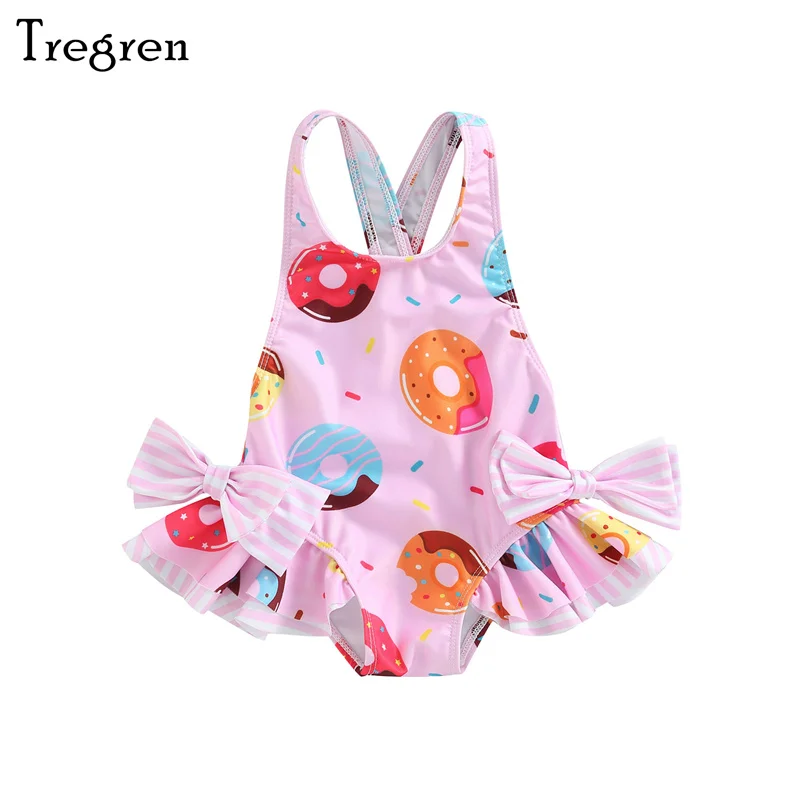 

Tregren 1-6Y Cute Kids Girls Swimwear Summer Doughnut Ice Cream Printed Large Bowknot Ruffled Swimwear Triangle Bathing Romper