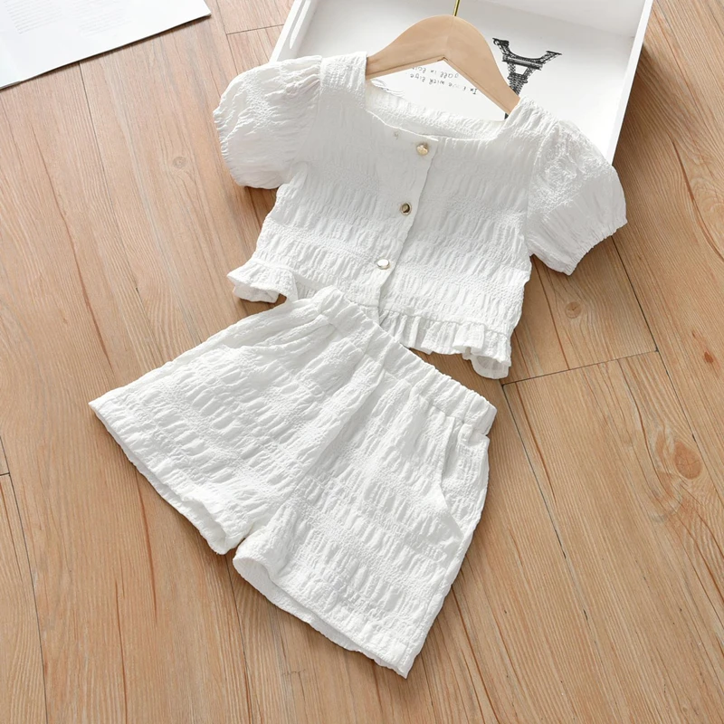 

Маленький стильный летний топ с квадратным вырезом и штаны для маленьких девочек, модный однотонный топ с пышными рукавами, корейские шорты...