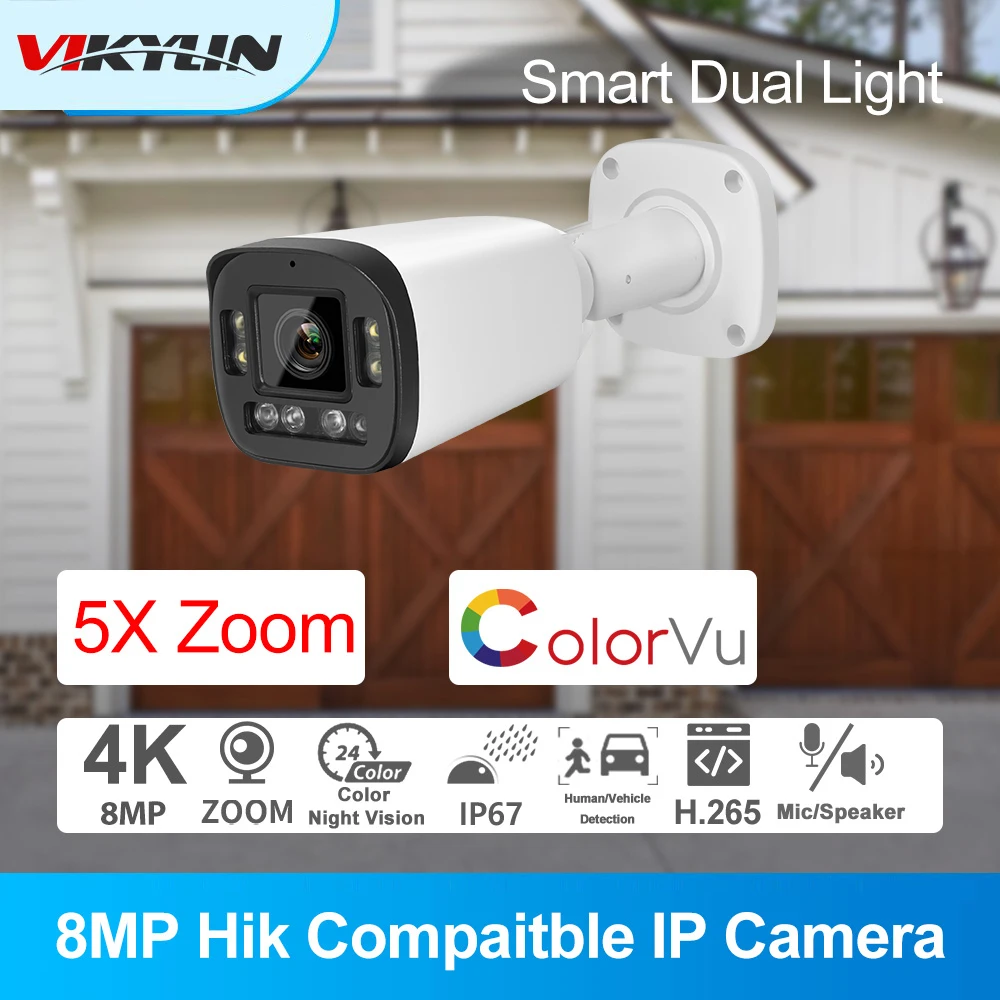 Vikylin 8MP IP Camera Bullet 5X Zoom ColorVu IR Smart Dual Light Hik Compatible POE Security Protection Two-Way Talk