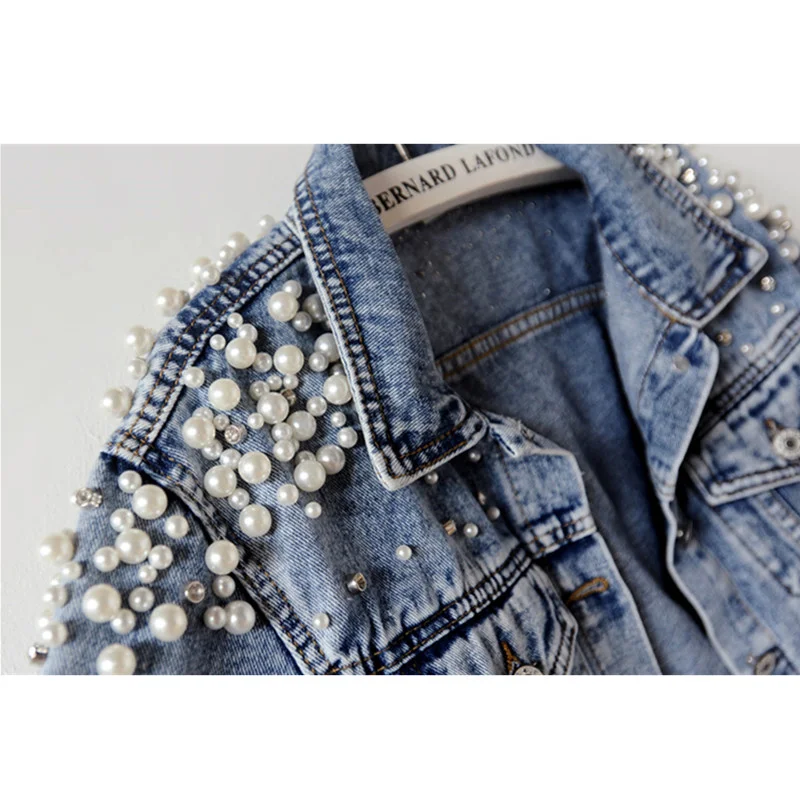 Женская джинсовая куртка весна-осень 2023 базовое пальто с жемчугом женские
