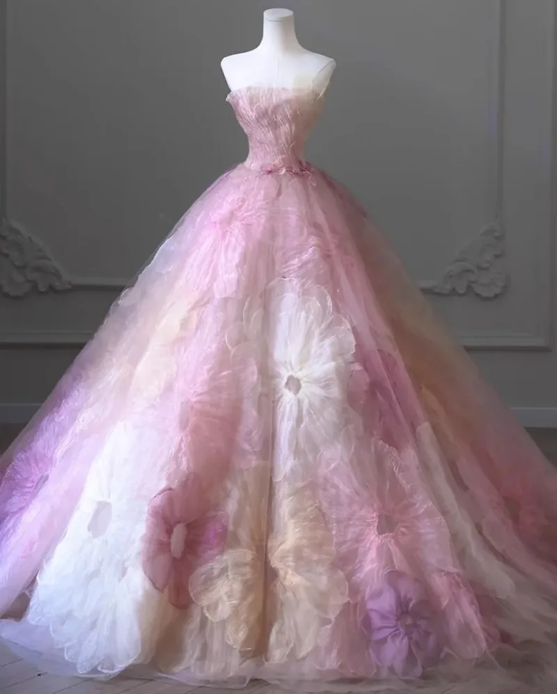 

Flora Dress Pink Tulle A-line Fluffy Prom Dresses Off Shoulder 3D Flower Wedding Dress Evening Gown For Women فساتين السهرة