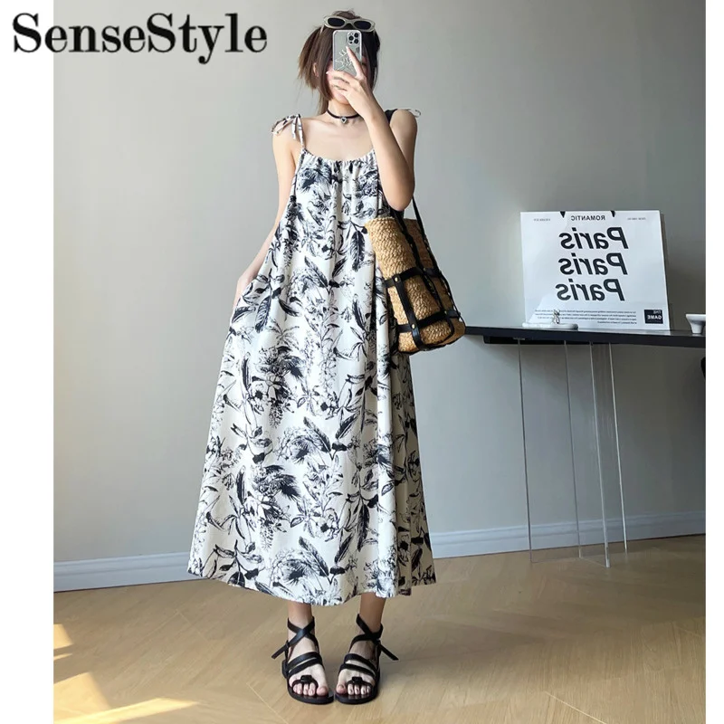 

2023 Summer Floral Sleeveless Slip Dress U-neck Loose Straight Pocket Casual Midi Dresses