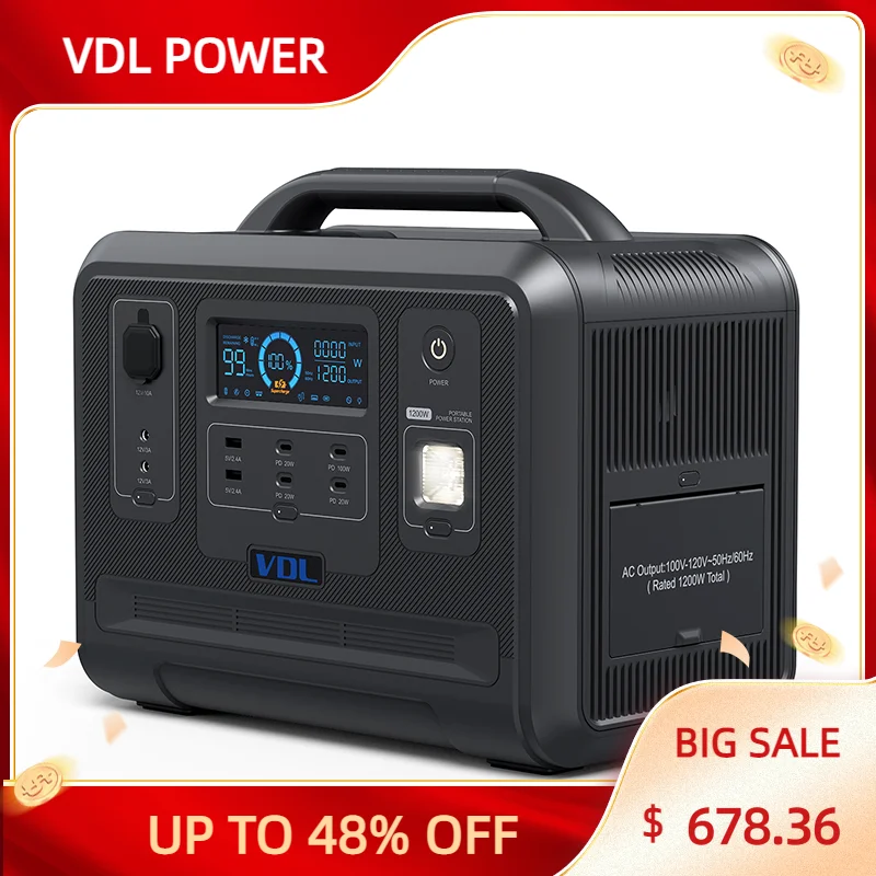 VDL 120V/220V 1200W Power Station Pure Sine Wave 960Wh Portable Outdoor Generator Powering Car Refrigerator TV Drone Laptops
