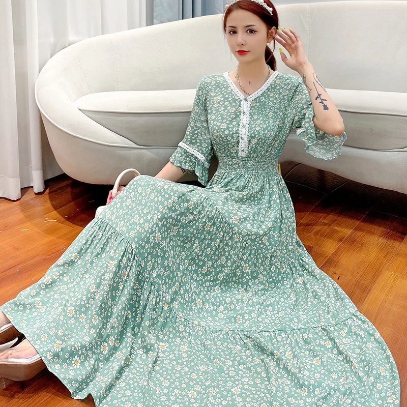

Summer Bohemian Women Dresses Casual Holiday Floral Printed Long Dress Female Elastic Waist Pleated Half Sleeve Mujer Vestidos