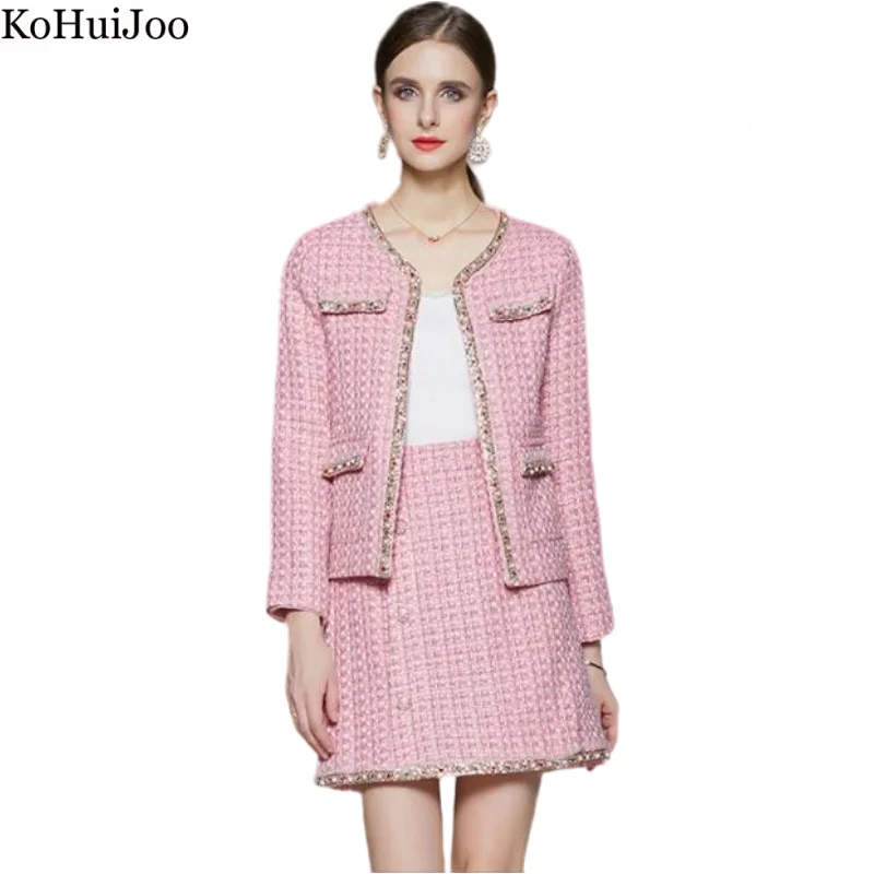

KoHuiJoo Tweed Woolen Coat Women Temperament 2022 Autumn Winter Beading Diamond Two Piece Set Skirt Elegant Fashionable Suit