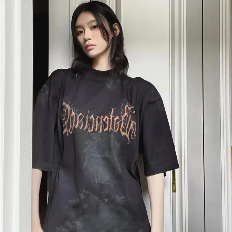 

VETEMENTS T-Shirt Washed Black Font Printed Logo Crew Neck Tops Men's Women's Oversized VTM Short Sleeve T-Shirt With Label