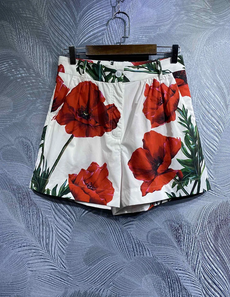 

Women's Shorts 2023 Cotton Summer Spring New Fashion Women Vintage Red Flowers Print High Waist Summer Women High Sports Shorts