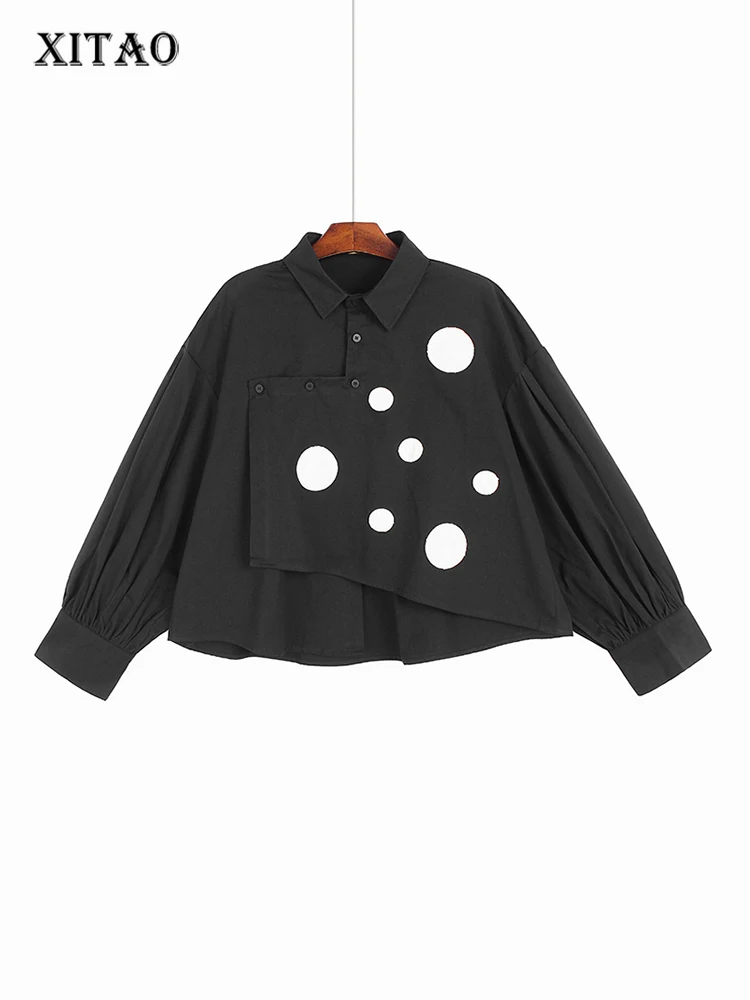 

XITAO Irregular Personality Shirt Loose Fashion Contrast Color Dot Print Autumn Simplicity New Folds Lantern Sleeve ZY7939
