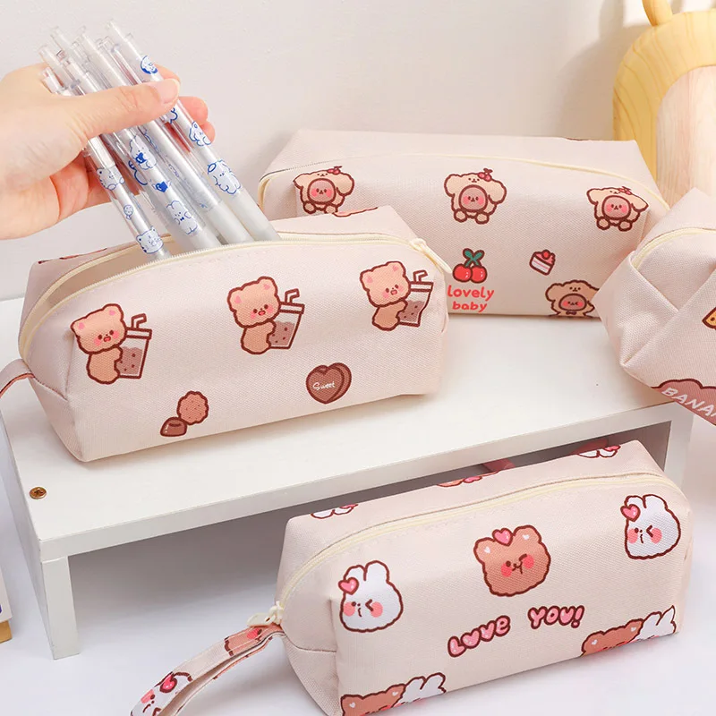 

2pcs Cartoon Bear Canvas Pencil Bag Students Ins Girl Heart Large Capacity Pencil Box Desktop Stationery Organizing Storage Bag