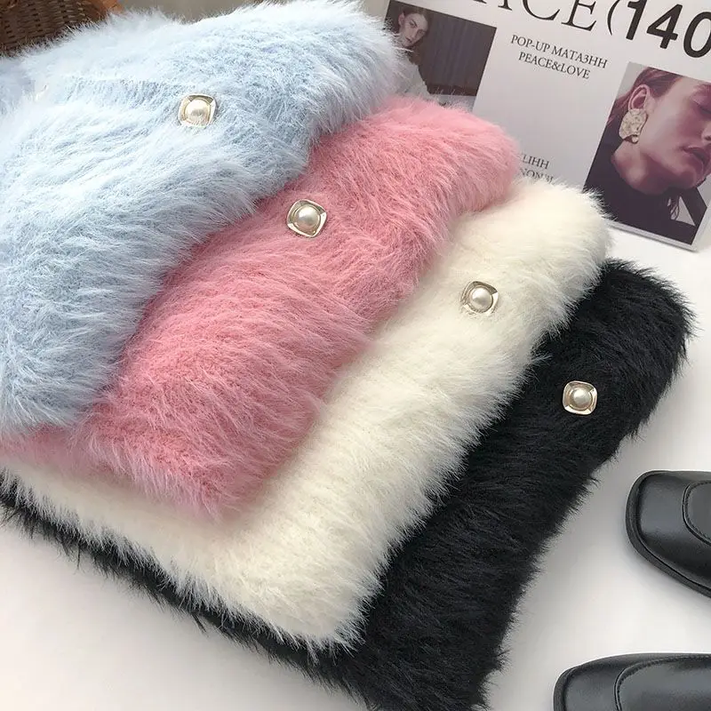 Норковая кашемировая кофта Топы корейская мода флисовый короткий розовый