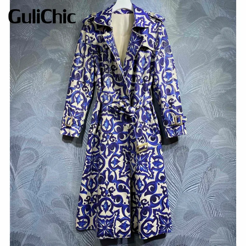 

9.4 GuliChic Women Temperament Fashion Blue Porcelain Pattern Print Vintage Long Sleeve With Belt PU Leather Trench Coat