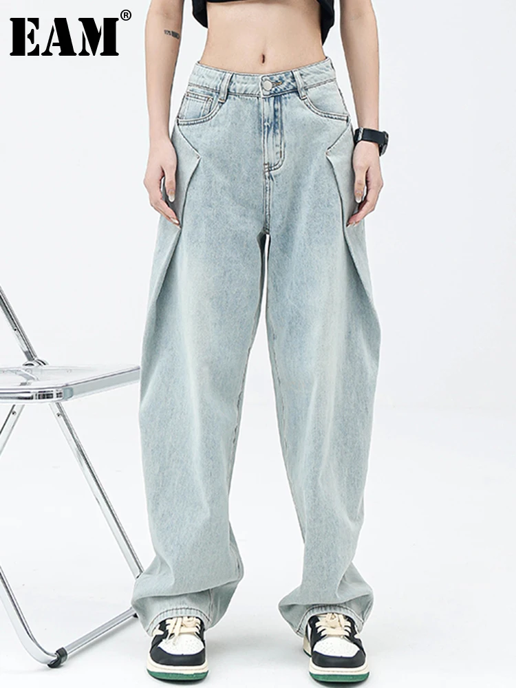 

[EAM] High Waist Blue Fold Denim Long Casual Wide Leg Jeans New Loose Women Trousers Fashion Tide Spring Autumn 2022 1DE8929